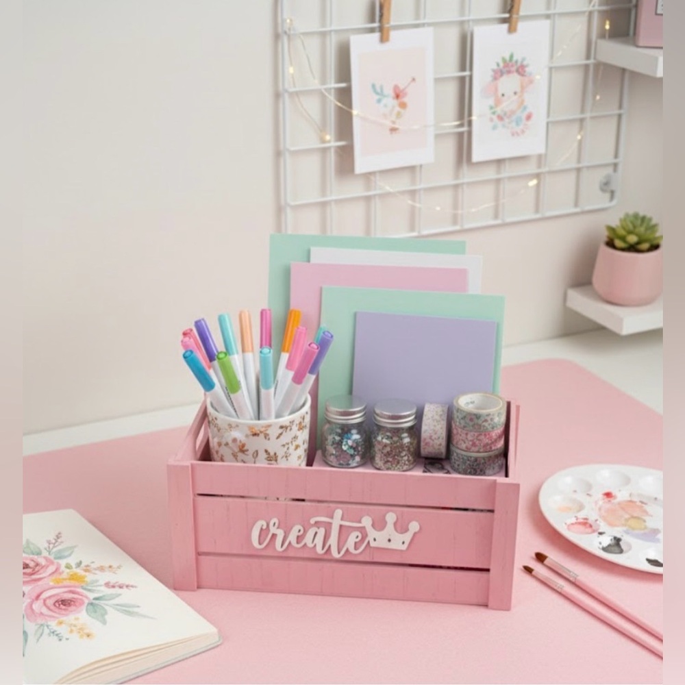 Pink Wooden Crate Organizer